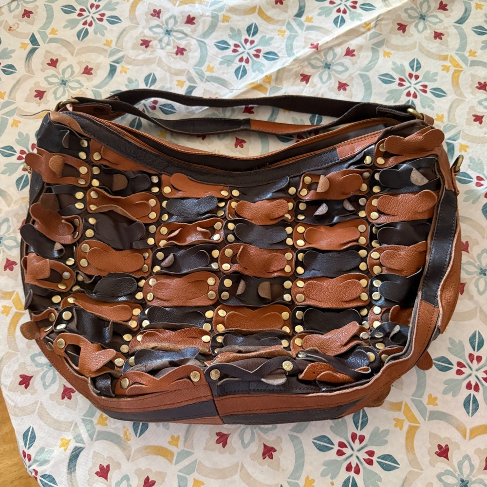 Womens Boho Patchwork Leather Hobo Bag Brown Studded Rivet Shoulder Bag Large